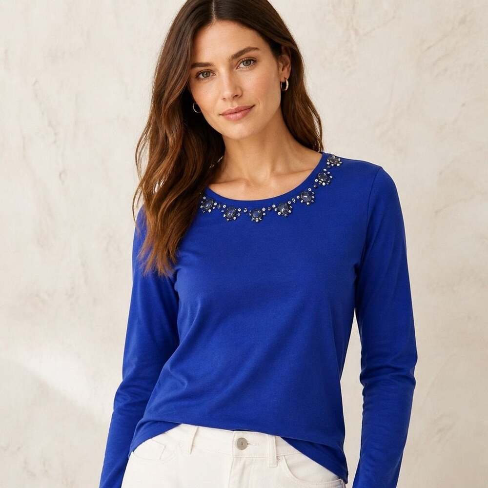 Christopher & Banks Blue Long Sleeve Jeweled Neckline Tee Top